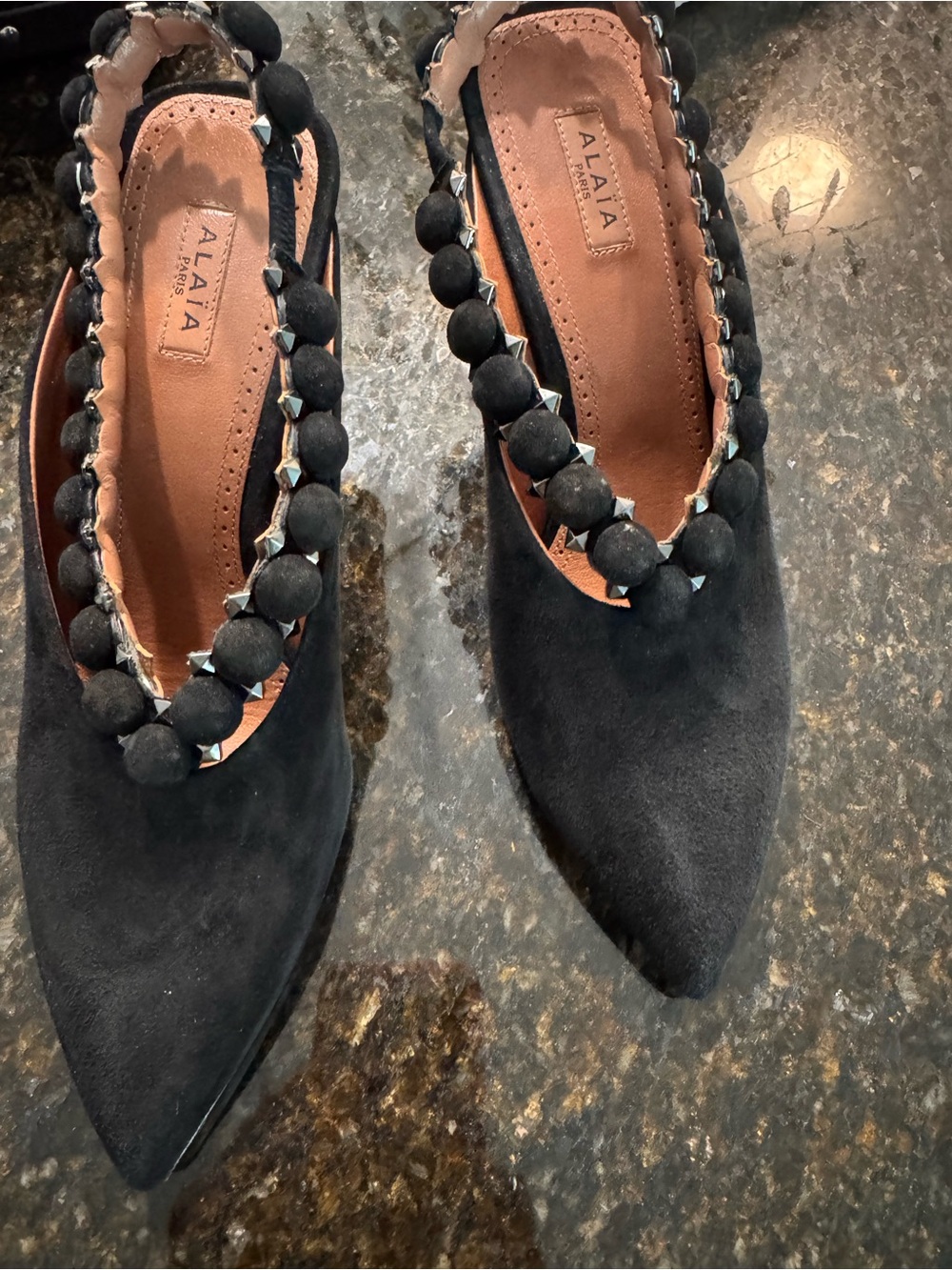 Alaia Black Suede Pointed Toe Slingback Mules with Beaded Strap